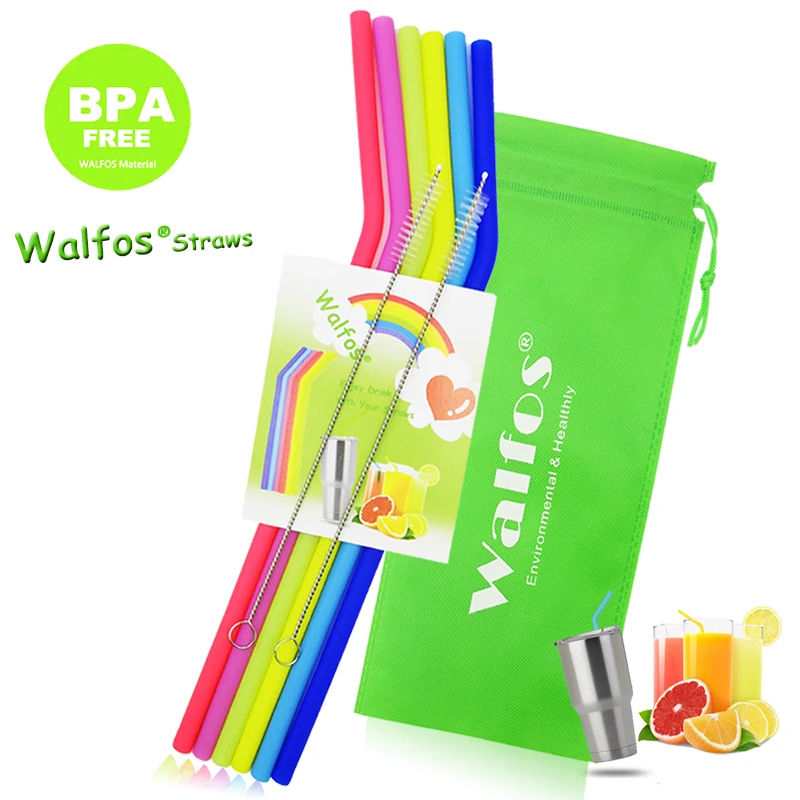

WALFOS 6 pieces Reusable Silicone drink Straws Food Grade Regular Size for drinking