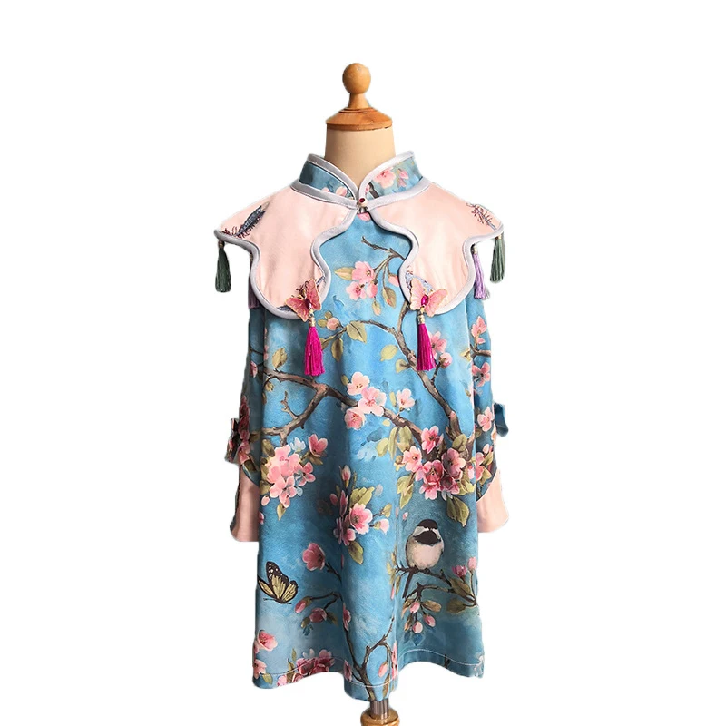 

Chinese Traditional DIY Handmade Cheongsam Qipao Dress for Kids Three Quarter Sleeve Floral Printed Nobility Princess Dress