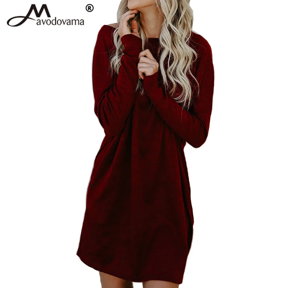 Avodovama M New Fashion Long Sleeve Pockets Loose Knitted Solid Dresses Sexy Slash Neck Women Casual