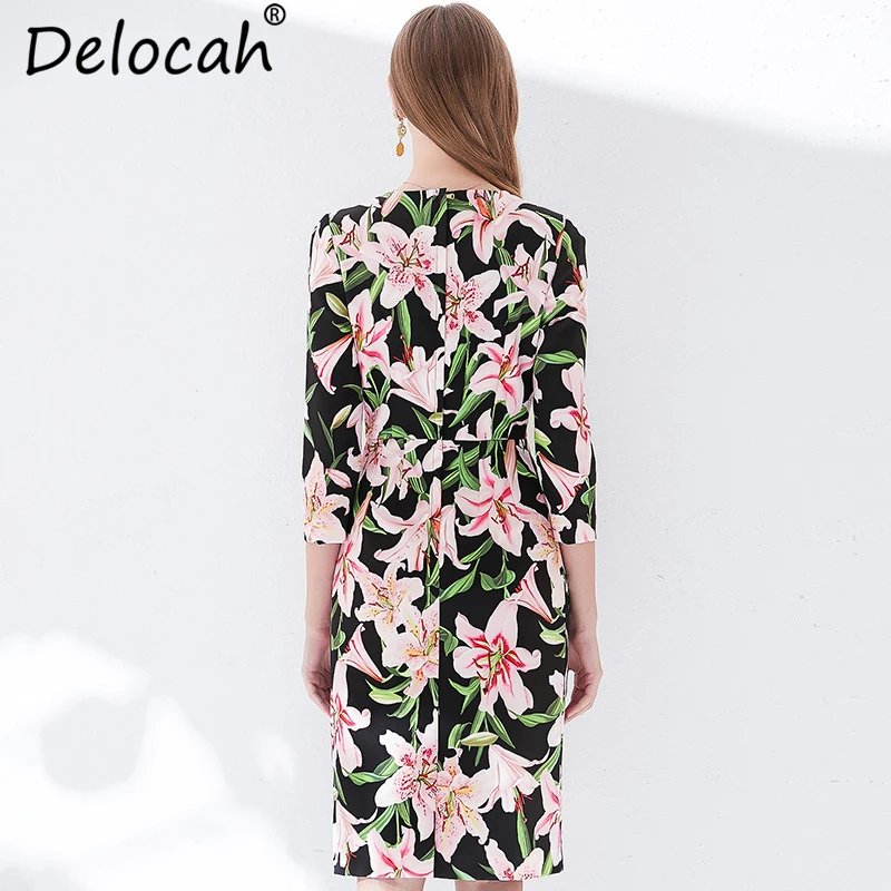 Delocah New Women Spring Summer Dress Runway Fashion Designer 3/4 Sleeve Floral Printed Elegant Vintage Ladies Vacation Dresses