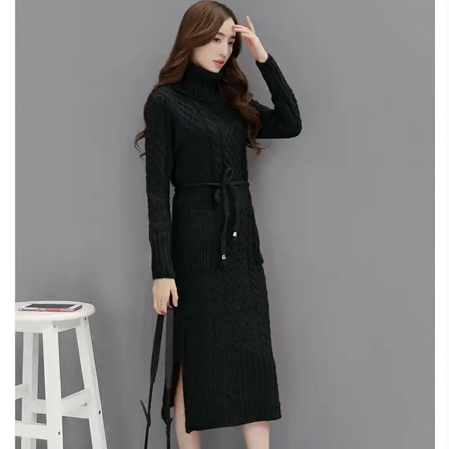 Winter Women Knitted Dresses 2017 Korea Pure Color Long Sleeve Turtleneck Casual Slim Warm Maxi Sweater Dress Plus Size BH094