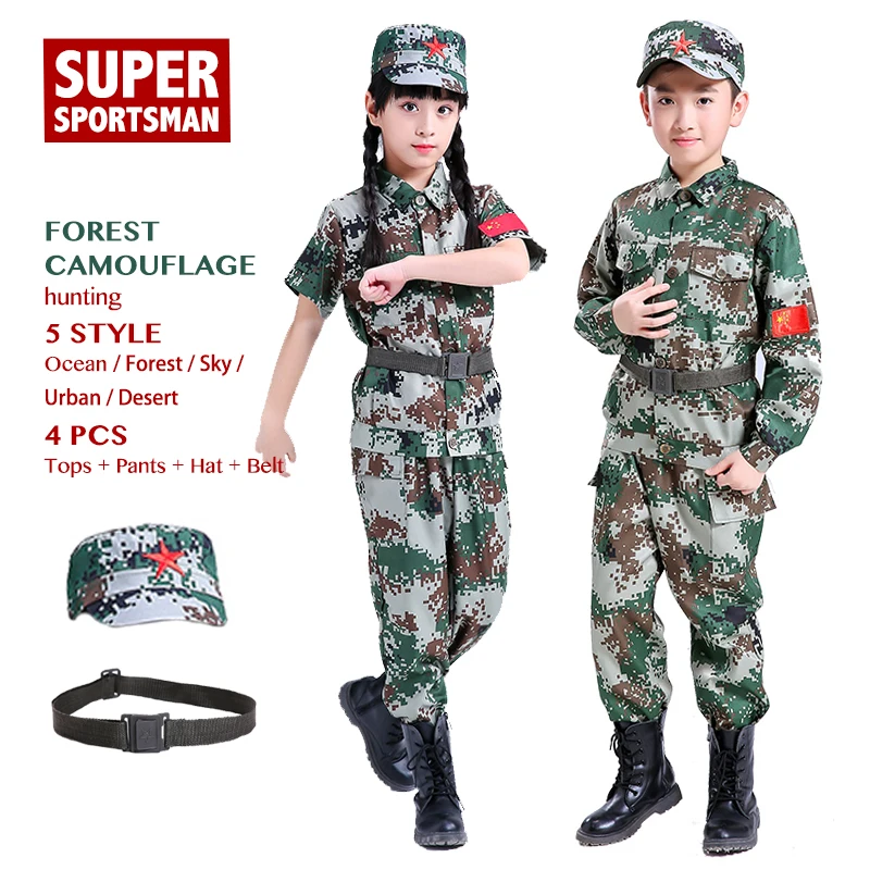 

Men Hunting Clothes Boys Airsoft Sniper Ghillie Suits Children Camo Girls Camouflage Sets Kids Jungle Jackets+Pant+Hat+Belt 4pcs