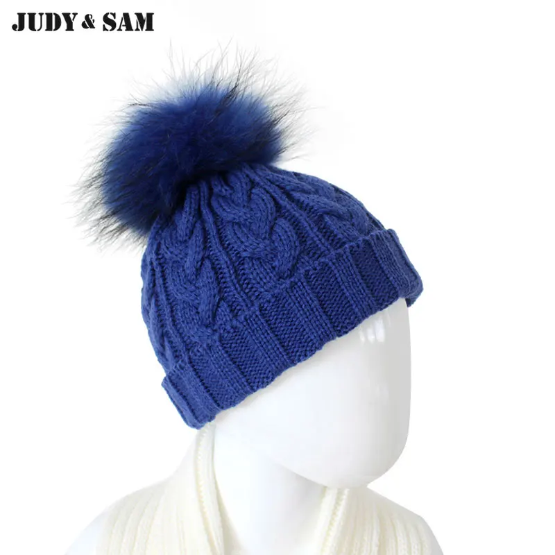 

Wool Blend Cable Hat For 10-36 Months Baby with Fluffy Racoon Fur Pompoms Beautiful Winter Cap For Boys and Girls Accessories