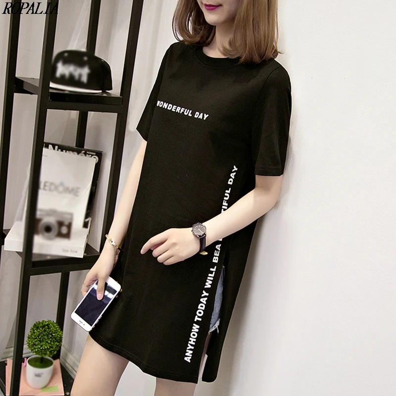 Женская футболка, платье с круглым вырезом, с буквенным принтом, с коротким рукавом, длинная футболка с Боковым Разрезом, простые повседневные Длинные Топы в Корейском стиле