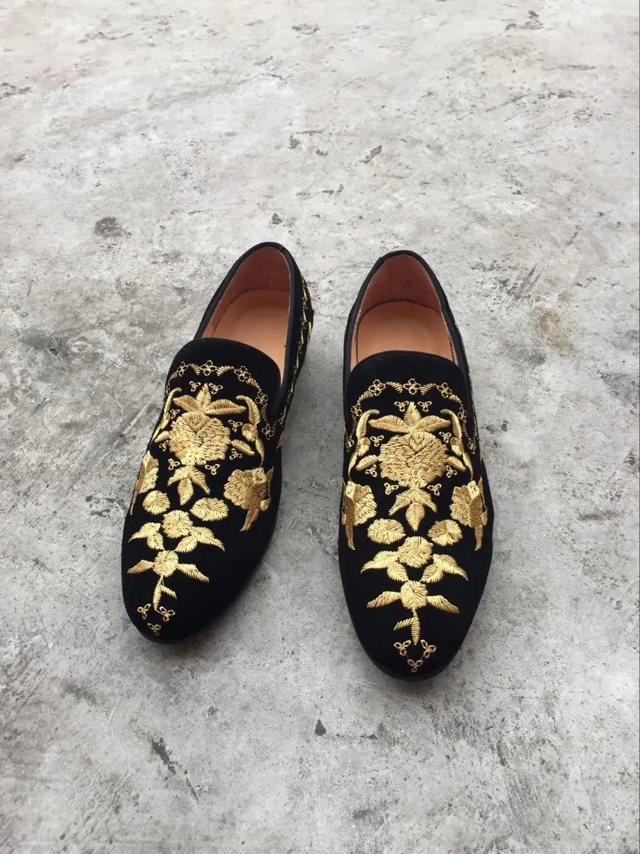 

British Mens Floral Embroidered slip on loafers Wedding Party Prom Suede Shoes f1