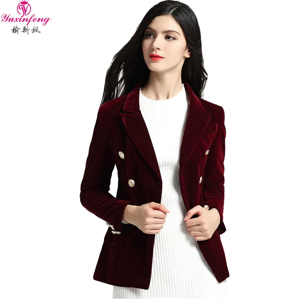 Yuxinfeng Весна черный цвет красного вина бархатный блейзер для женщин с длинным рукавом пуговицы пиджак женские офисные Пиджаки для