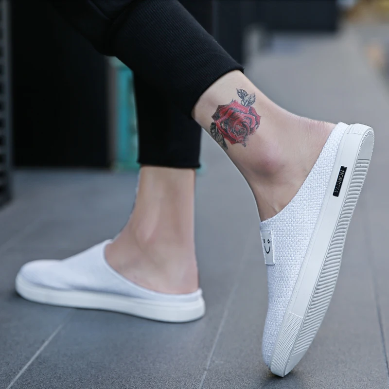 

2019 men's fashion summer half-trailer casual shoes men's white black canvas shoes