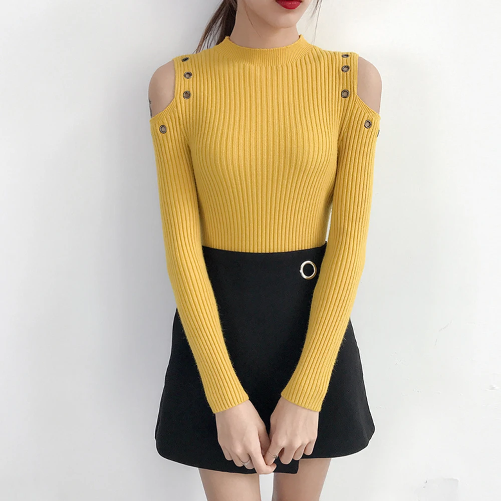 New 2018 Fashion Women Off Shoulder Long Sleeve Knitted Sweater Solid Skinny Slim Sweater High Stretch Pullover Casual Tops Sweaters