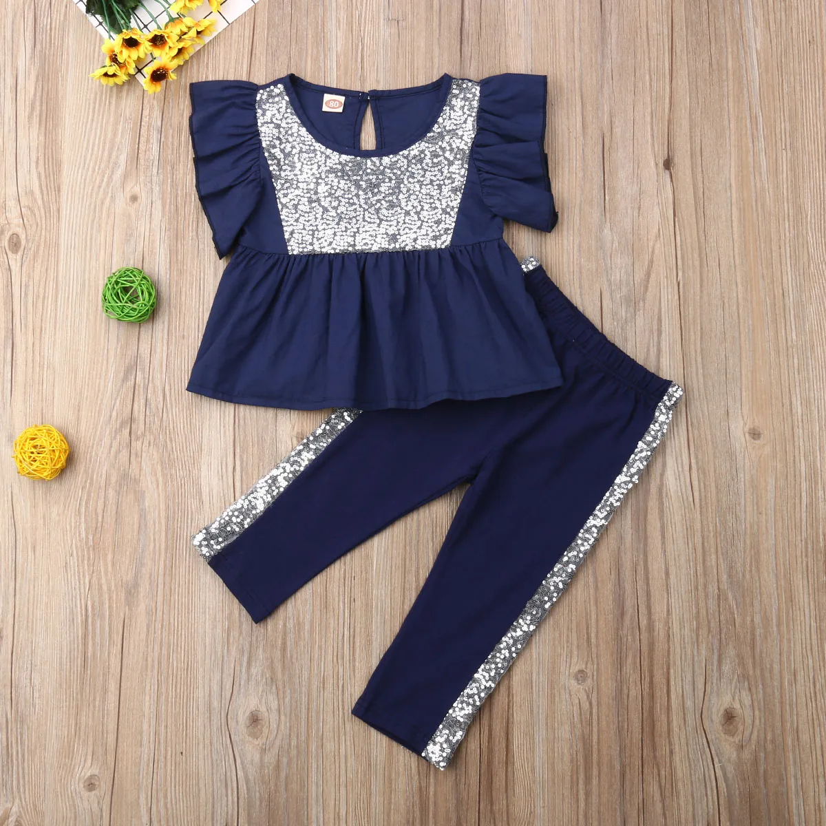 

Summer Kid Toddler Baby Girl Ruffles Stylish Blue Flared Fly Sleeve T-shirt Top Long Long Pants Outfit Set Clothes Tracksuit