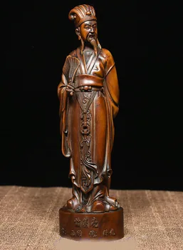 

christmas 8" Chinese Folk Collect Boxwood wood carve militarist Zhuge Liang human Statue New Year