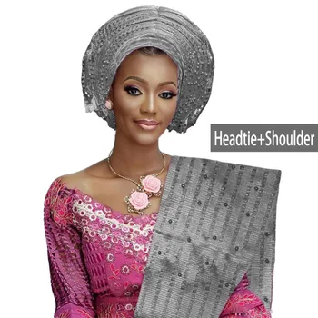 

Party auto gele headtie for women African aso oke headwear beaded gele with shoulder various colors
