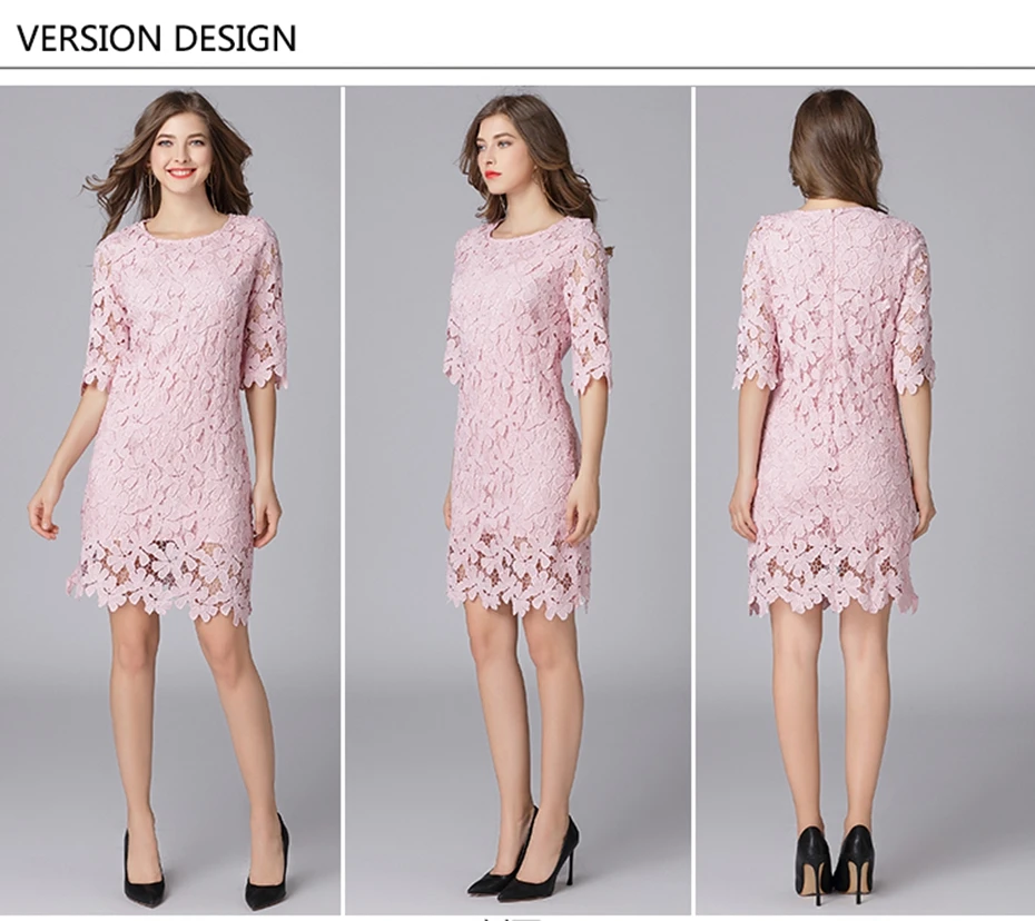 TAOYIZHUAI New Arrivals Spring Sweet Style Flare Sleeves O-Neck Plus Size Above Knee Pink Hollow Out Lace Women Dress 11832