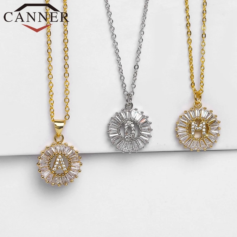 CANNER Fashion Gold/Silver Color Round Cubic Zirconia A-Z 26 Letter Pendant Necklace Choker for Women Jewelry FO