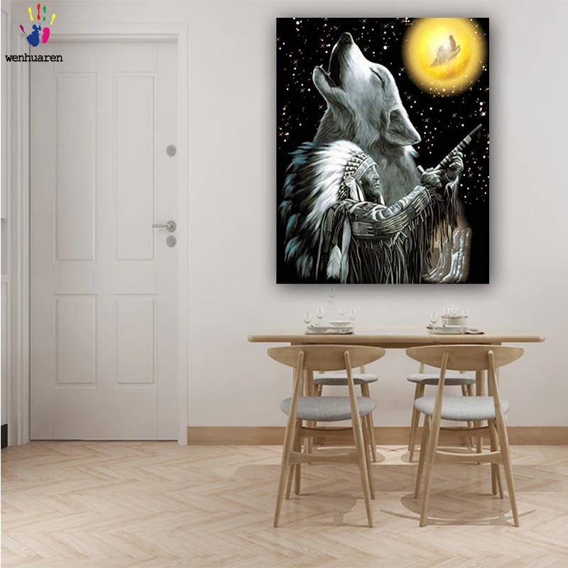 

DIY colorings pictures by numbers with colors The hunter and the Wolf picture drawing painting by numbers framed Home
