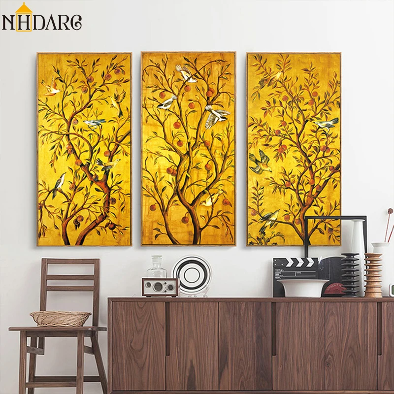 

3 Panels Chinese Style Rich Tree Bird Landscape Posters and Prints Canvas Painting Art Wall Pictures for Living Room Home Decor