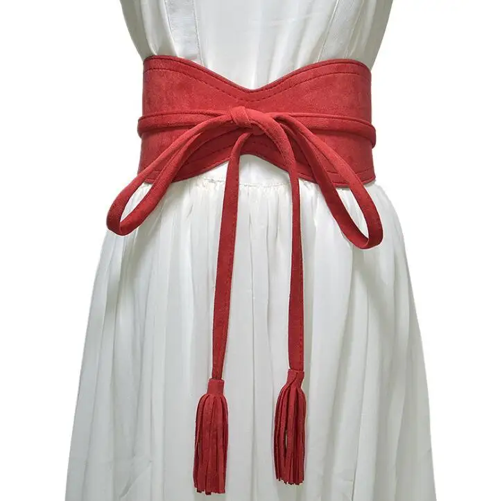 Для женщин взлетно-посадочной полосы моды искусственная кожа кисточкой Широкие пояса женское платье Корсеты пояс с пряжкой украшения
