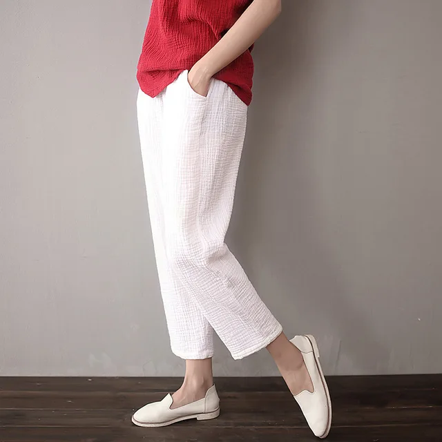 Spring and Summer White Chino Cotton Linen Trousers Women Elastic Waist Loose Ankle-length Casual Palazzo Pants X32