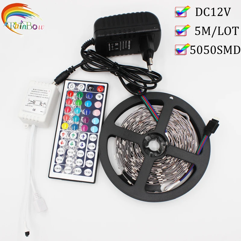 

DC 12V Luz RGB white LED Strip 5050 SMD no Waterproof 5M 150LED LED Light Neon Tape Flexible Ledstrip add 3A Power and 44Key