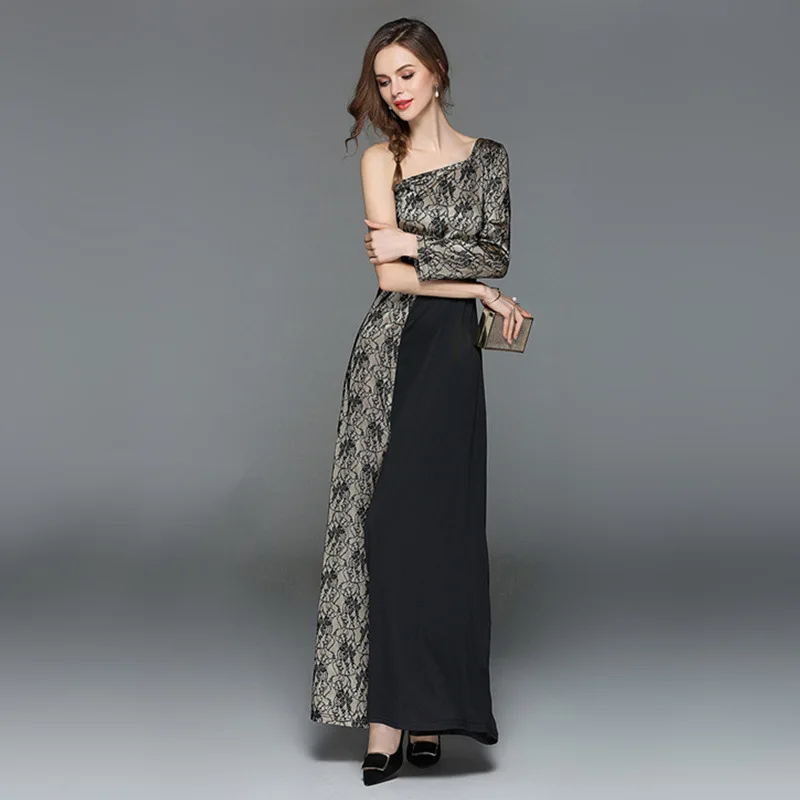 2018 spring summer new fashion sexy women lace dress shoulder sleeve bare shoulder slim female lace formal dress long dress