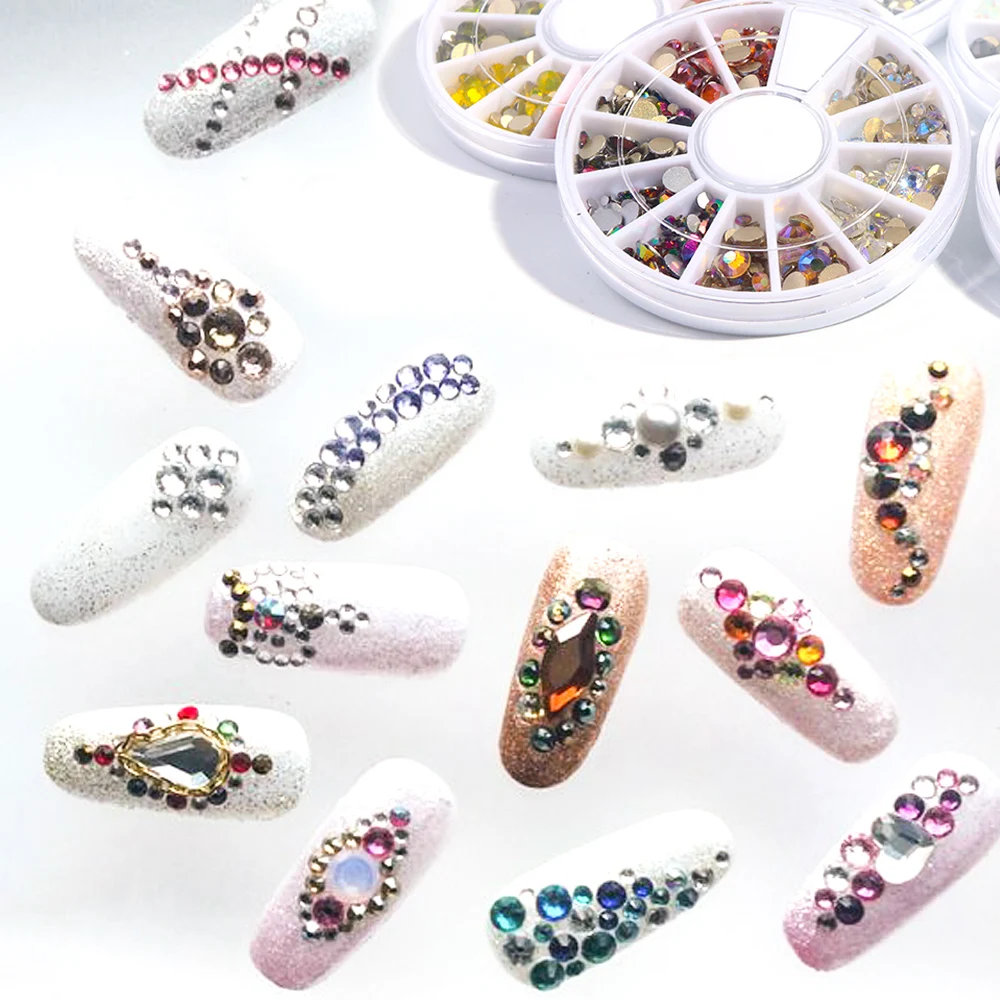 1 колесо, Смешанные 3D Стразы для ногтей, кристаллы, ювелирные изделия, стекло, алмаз, драгоценные камни, стразы, золото, украшение для ногтей, аксессуары для маникюра TR758