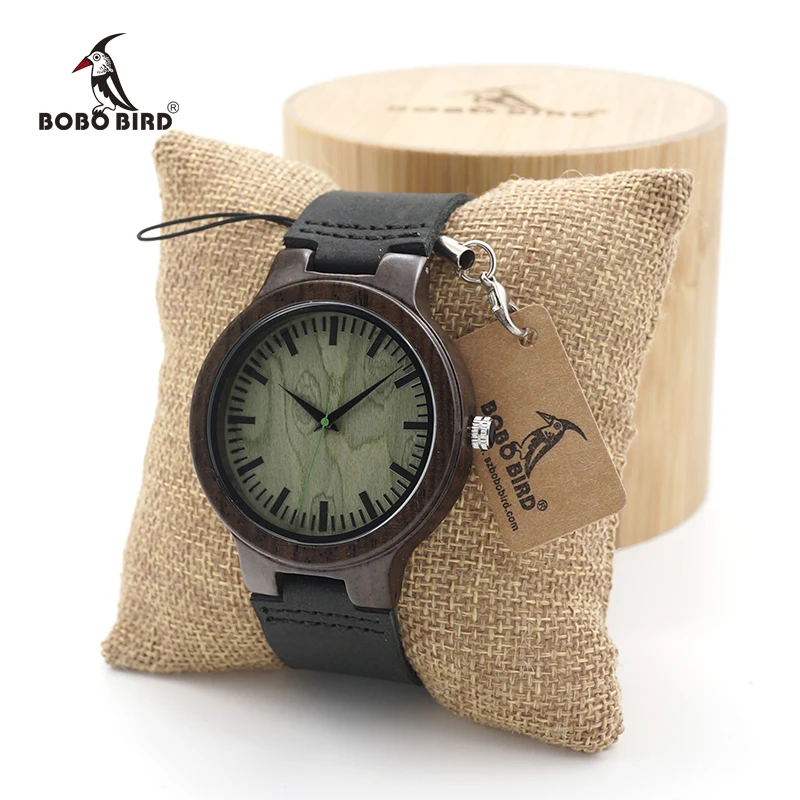 

BOBO BIRD Men's Ebony Wood Design Watches Green Dial Timepiece Genuine Leather Quartz Watch for Men Wrist Watch