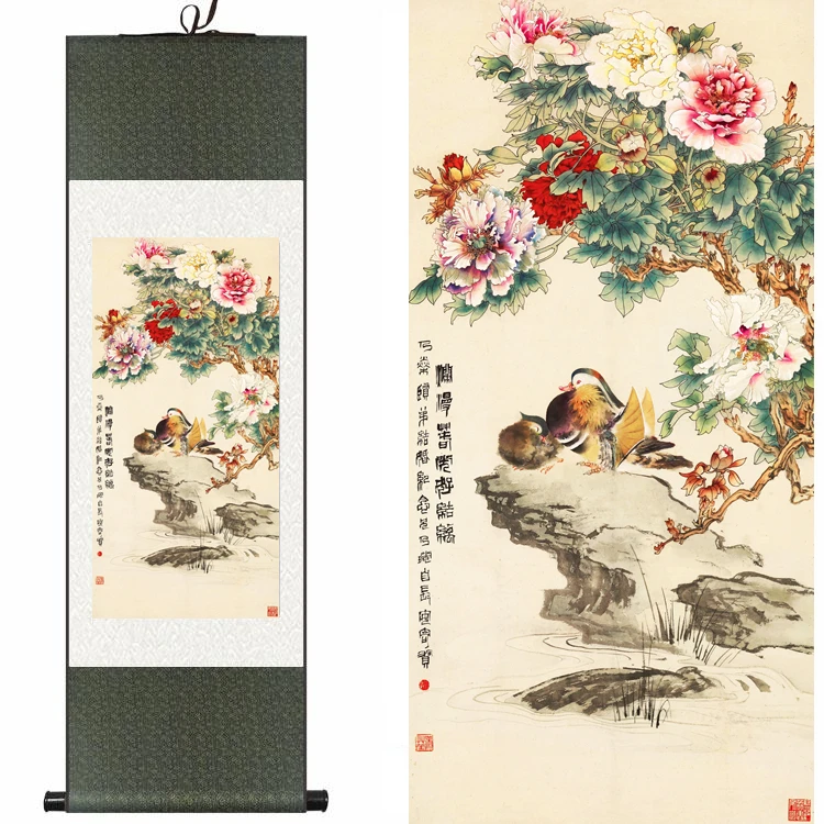 

Chinese Silk watercolor flower and bird Peony mandarin duck ink art feng shui canvas wall picture damask framed scroll painting