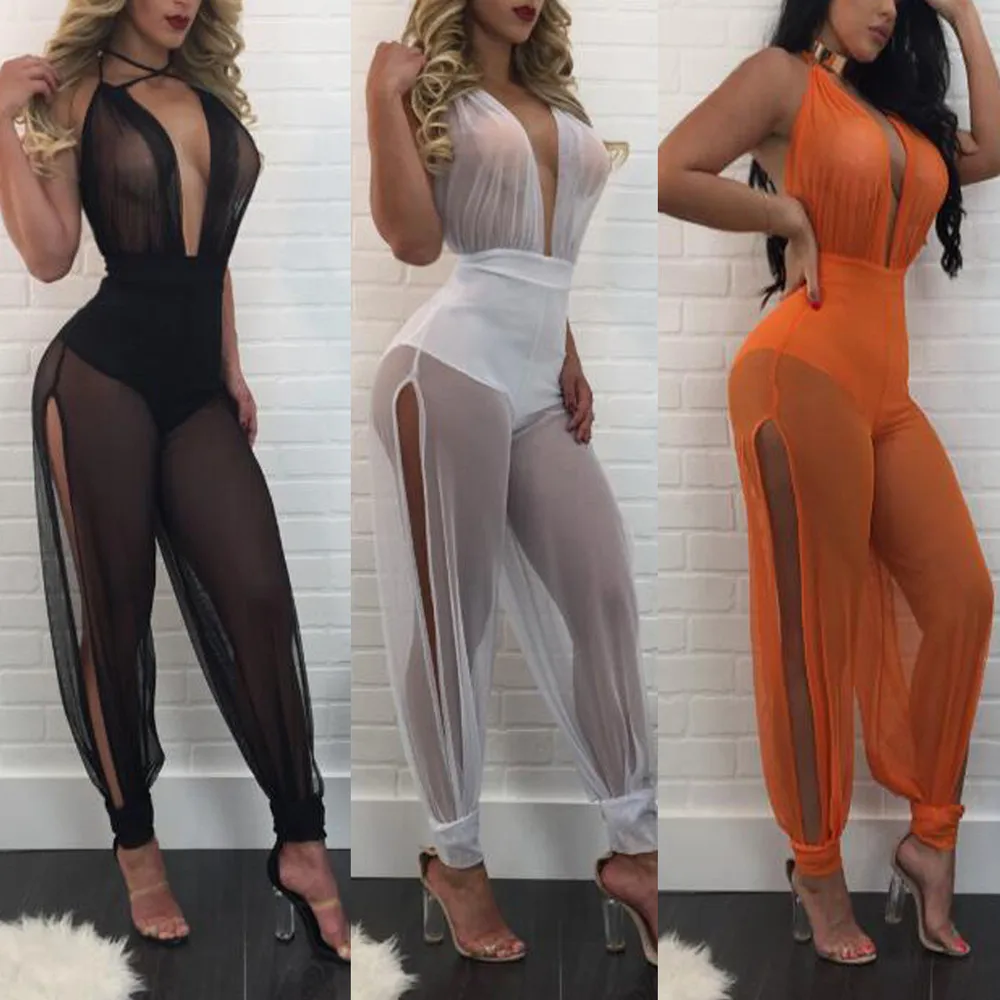 

New Arrival Summer Fashion Net Yarn Pants Sexy Rave party Jumpsuits Women Jumpers Pants Hollow Matching Set 2019X1