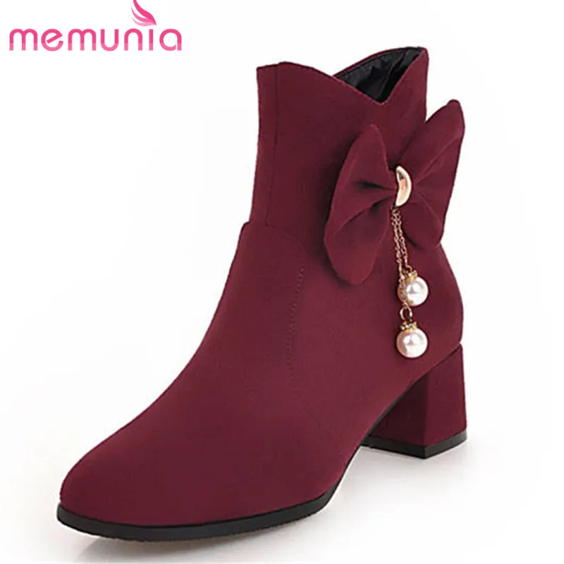 

MEMUNIA 2018 new arrival flock ankle boots for women zipper bowknot autumn winter boots comfortable square heels shoes woman