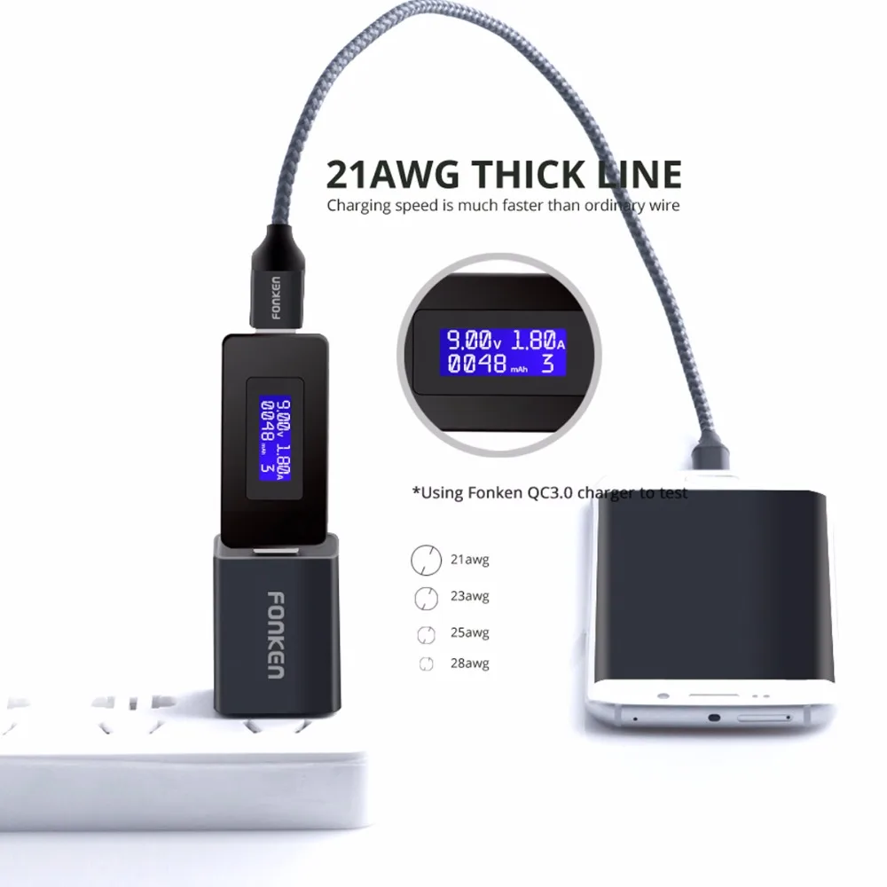 FONKEN المصغّر USB كابل شاحن سريع البسيطة USB الهاتف كابل 2128AWG QC3.0 2.4A بيانات الشحن الحبل قوة البنك الهاتف المحمول الكابلات