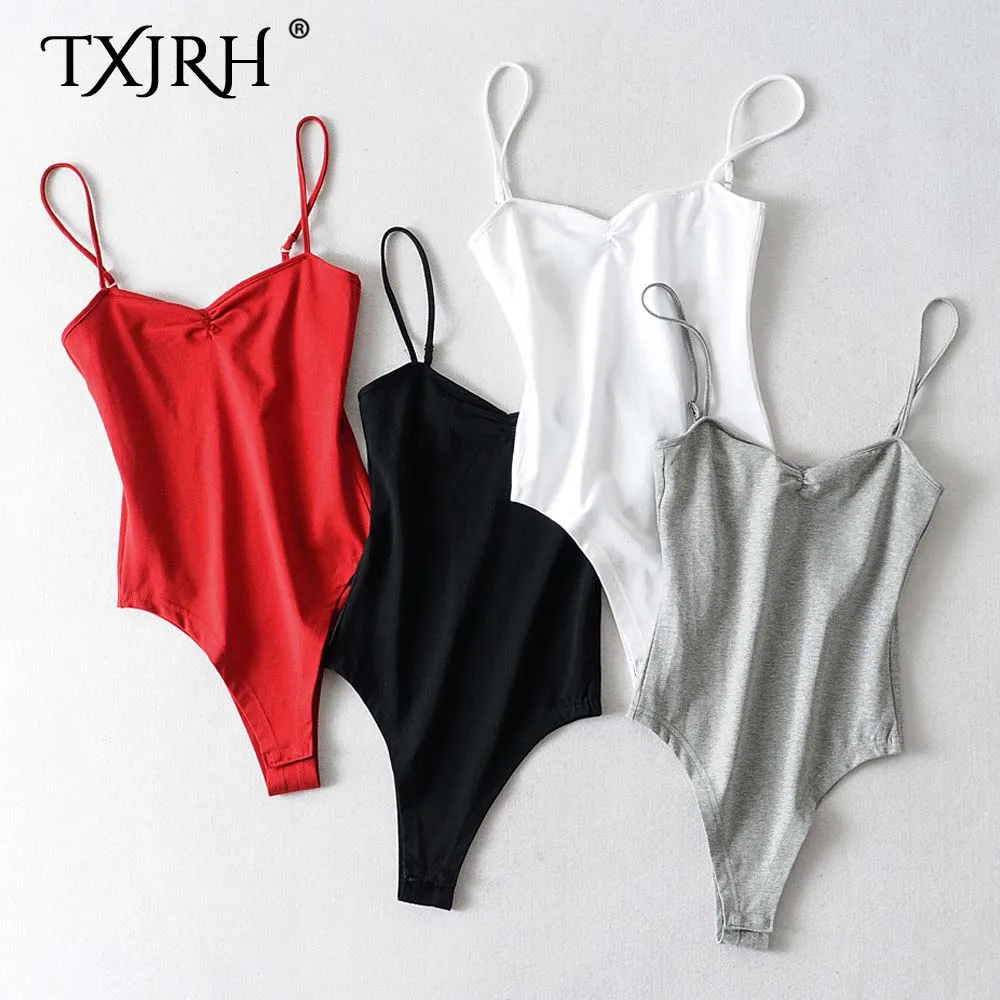 

TXJRH 2019 Sexy V-Neck Fold Backless Romper Body Siamese Bodysuit Spaghetti Strap Skinny Tight Undershirt Playsuits Tee 4 Colors