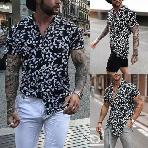 Men Hawaiian Shirt Beach Flower Party Summer Holiday Fancy Tops Short Sleeve Tee