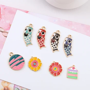 

Newest 40pcs Jewelry DIY Charms Gold Tone Plated Oil Drop Animal Fish Horse Pendants Enamel Flower Heart Cake Saturn Pendant