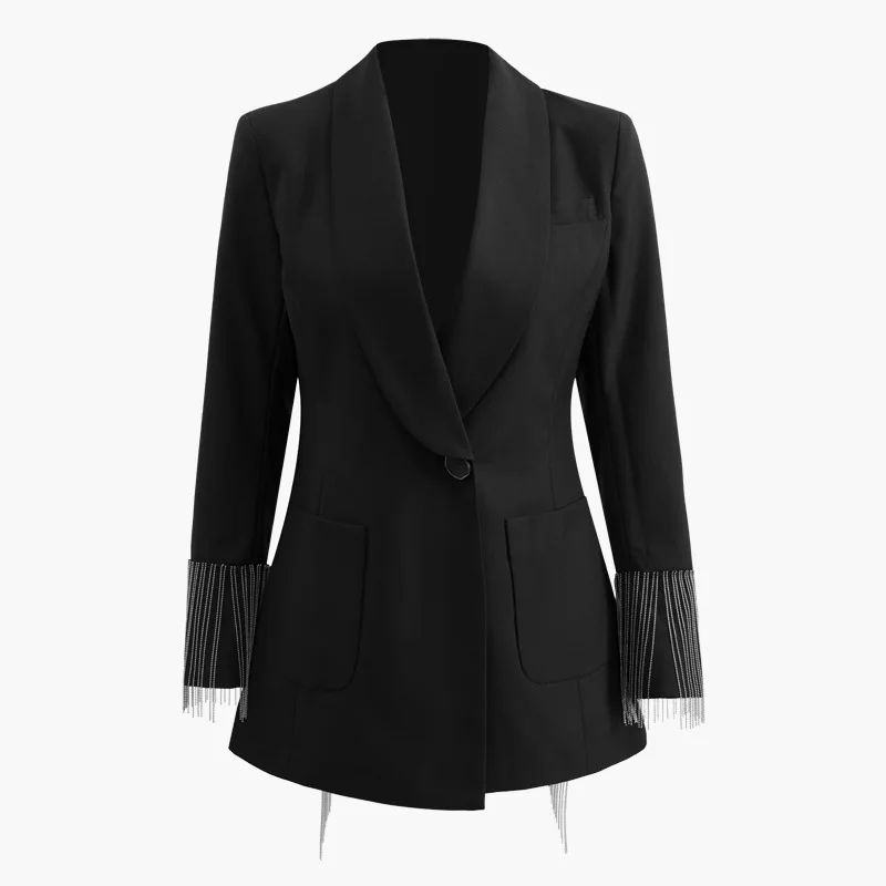 

2019 Summer New Arrival Black Minimalist Business Wear Single Button Notched Full Tassel Patchwork Pockets Noble Women Suit OL