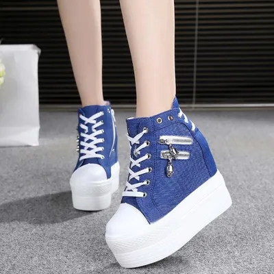 Fashion Autumn High Heel Casual Shoes Canvas Women Shoes Lace-Up Breathable Women Sneakers Zipper Platform Ladies Shoes Women - Цвет: Blue