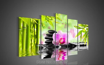 

High Quality Green Bamboo Rock Water Flower Oil Painting On Canvas 5 Pc Wall Art Picture For Living Room Home Decoration Modern