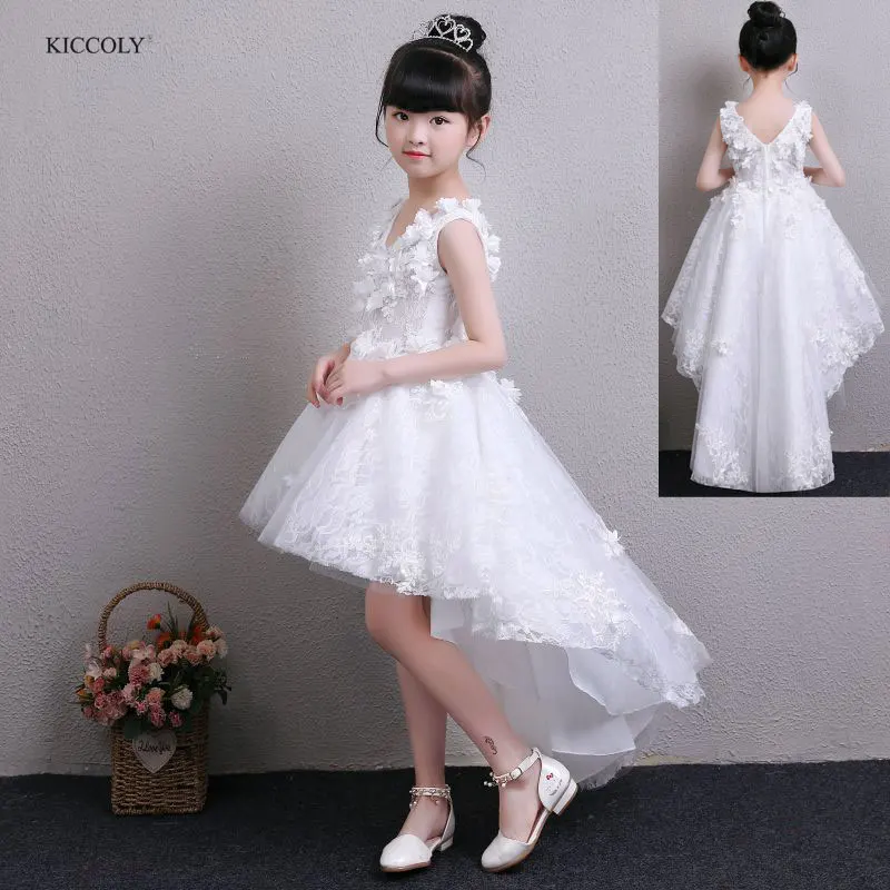 

KICCOLY 2018 Baby Girls Elegant Flower Trailing Wedding Dress Kids White V-Neck Tutu Dress Child Lace Princess Party Dress 1-14Y