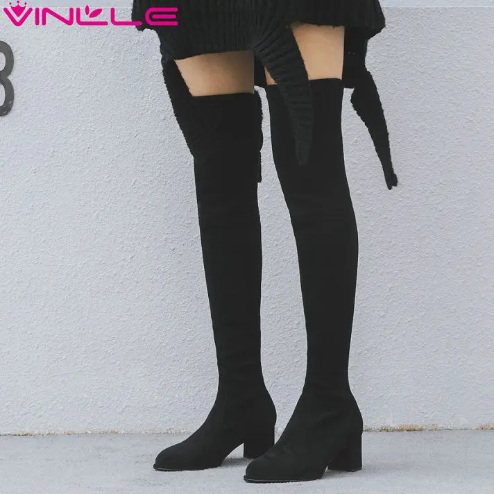 

VINLLE 2019 Cow Suede Fashion Women Over The Knee High Boots Square High Heel Pointed Toe Black Grey Women Shoes Size 34-42