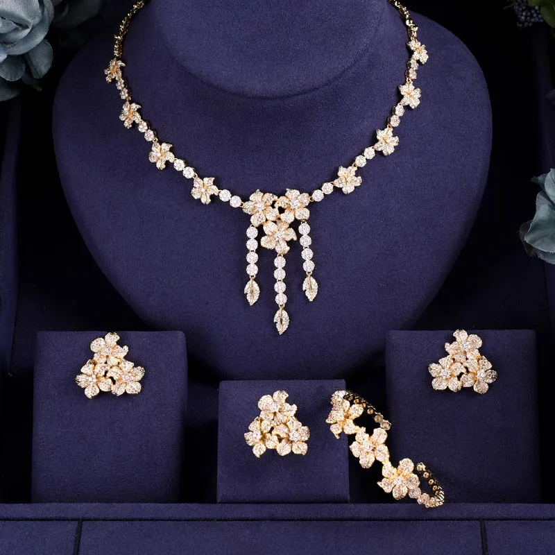 

janeklly trendy Wedding Necklace Earrings For Women Accessories Flower Cubic Zirconia Bridal Jewelry Sets