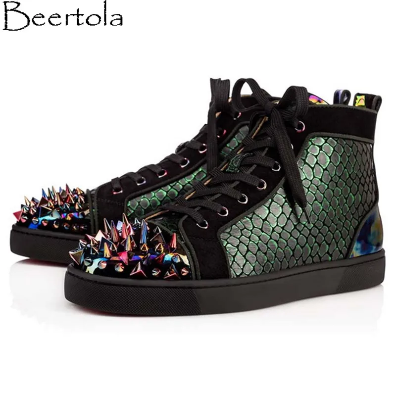 

Beertola New Casual Shoes Man Head Studded Colorful Spikes Snakeskin Pattern Leisure Shoes High Top Lace Up Luxury Brand Flats
