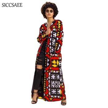 

Geometric Printed Cardigan Maxi Cloak Trench Coat With Sashes Boho Style Dashiki Casual Slim Fit Manteau Femme Ladies Abrigos