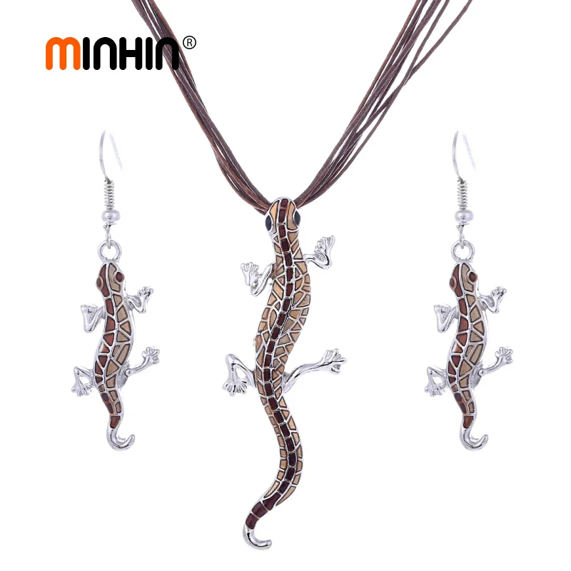 

MINHIN Rock Style Gecko Design Pendant Jewelry Set Multi Colors Vintage African Costume Rope Choker Necklace Sets