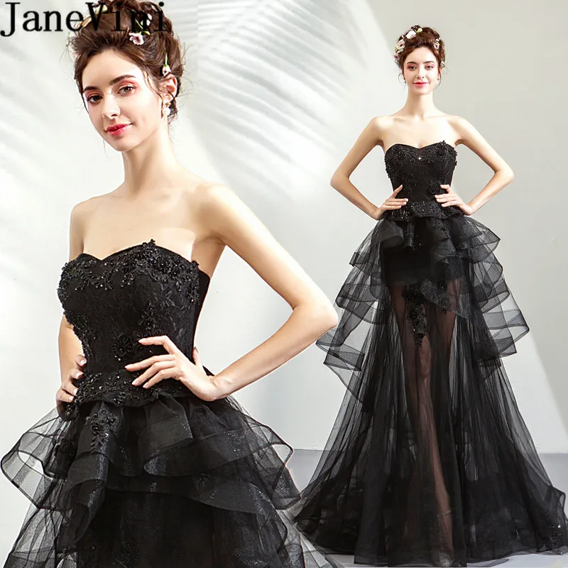 Janevini Sexy Ladies Long Bridesmaid Dresses Backless Black Beaded Lace Wedding Guest Dress Tiered