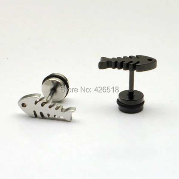 

Fish bones Not fade white black titanium steel Punk Hiphop Men Screw Back (pierced) stud earrings