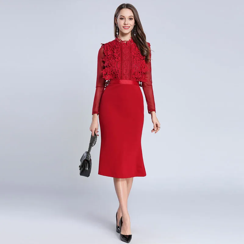 

Lace Mesh Knitted Patchwork Tunic Bodycon Trumpet Dress Women Elegant Sexy Party Packaged Hip Dress 2019 Spring Clothing Red