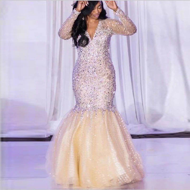 

Luxury Rhinestones Crystal Mermaid Prom Gowns 2018 Long Sleeve South African Formal Party Dress Evening Wear Vestido de festa
