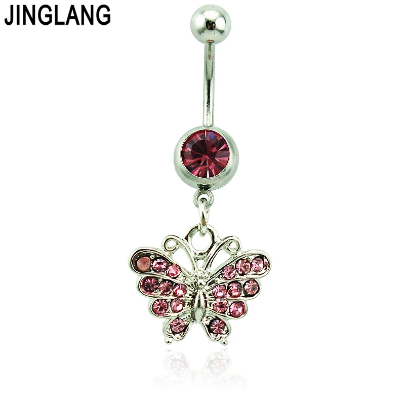 Jinglang Body Piercing Fashion Belly Button Rings Surgical Steel Barbells Dangle Pink Rhinestone 