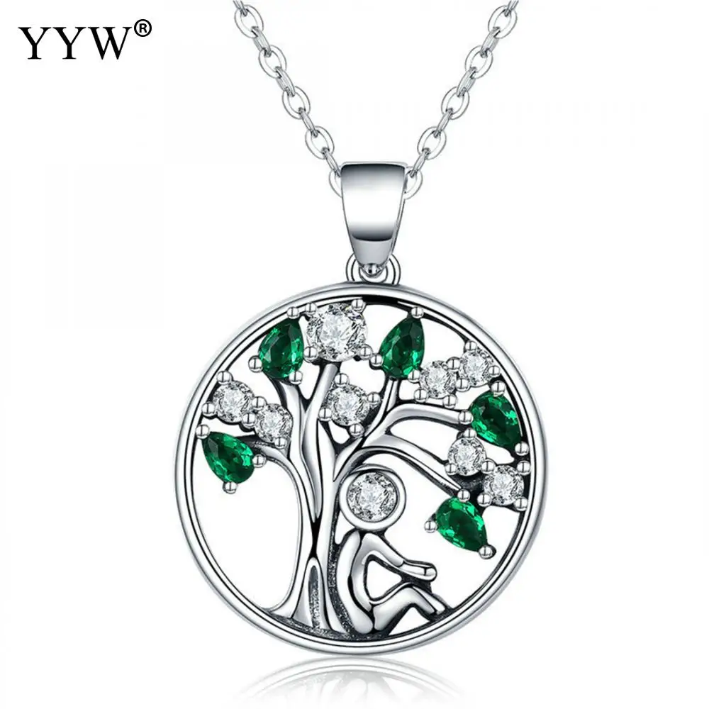 

2017 Green crystal Statement Necklaces 925 Sterling Silver tree of life design Chain Pendants Collares Friend Best Gifts