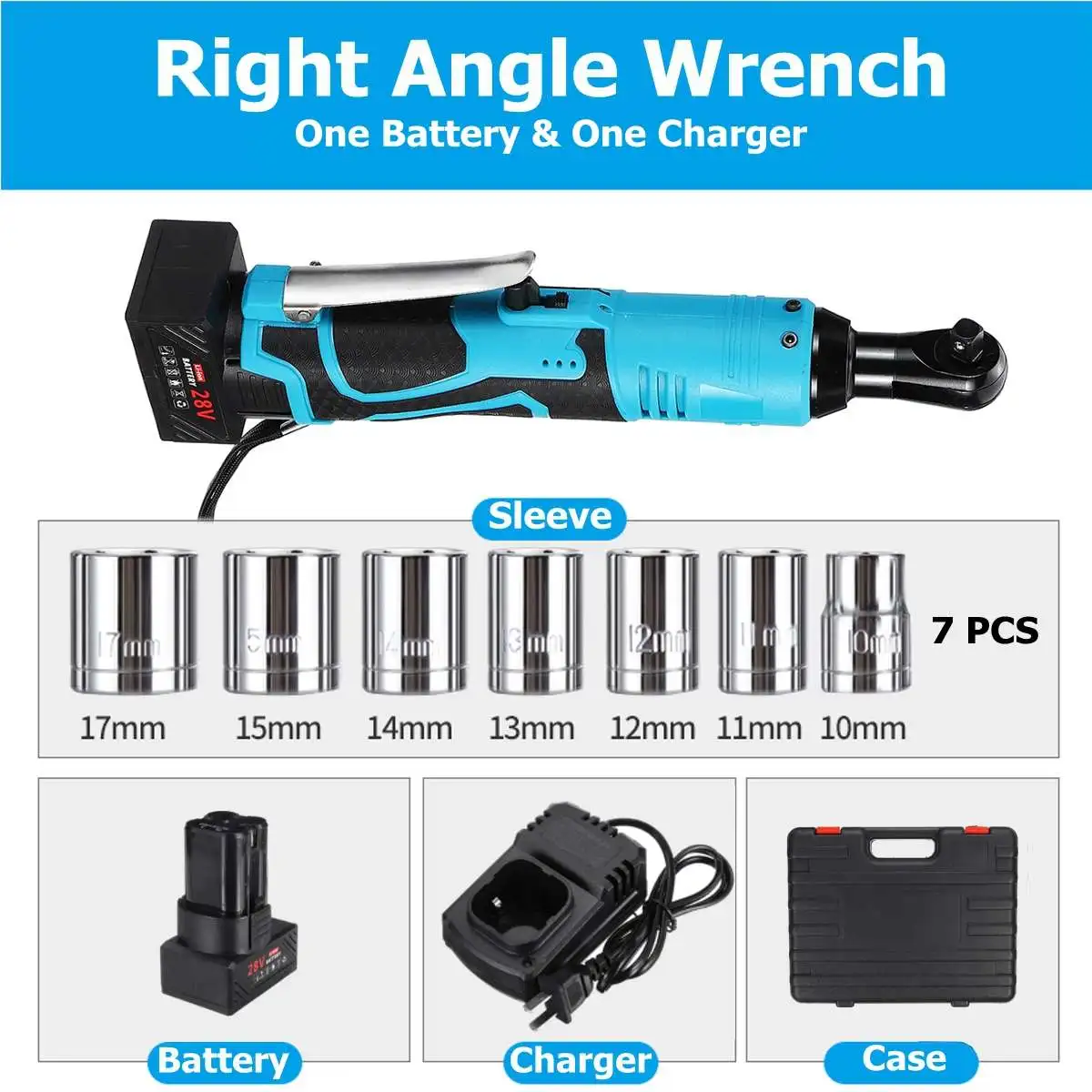 

28V Portable Cordless Rechargeable Ratchet Wrench 3/8" Inch Electric Right Angle Wrench 60N.m 1 x battery