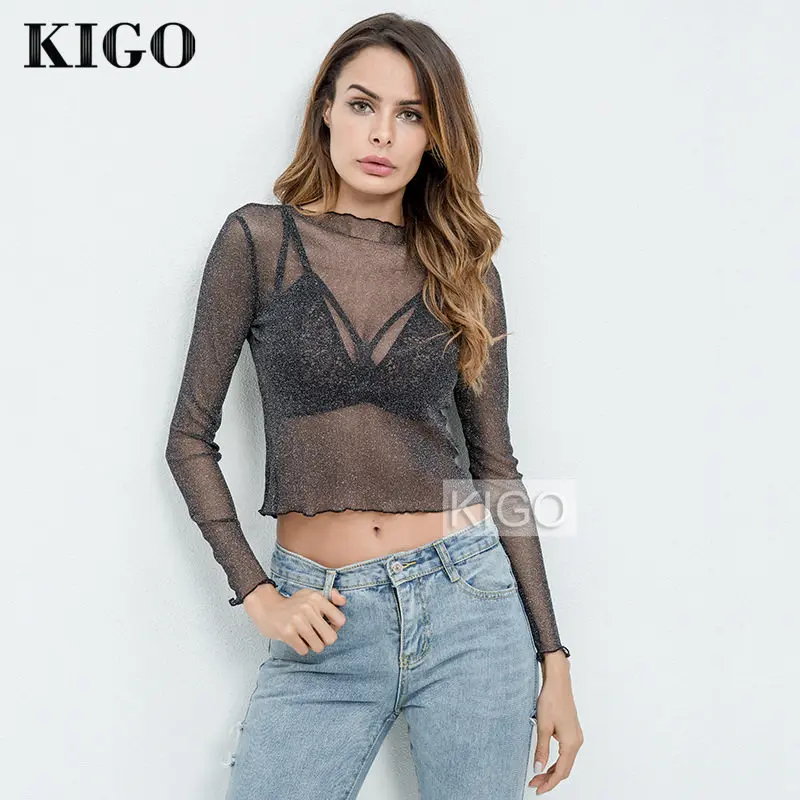 

KIGO Metallic See Through Blouses Long Sleeve Mesh Blouse Sequin Transparent Woman Blouse Ladies Tops Blouse Femme KH1764H
