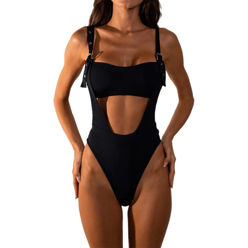 

Swimsuit High Waist Swimwear Padded Women Swim Suit Solid Black One Piece Swimsuits